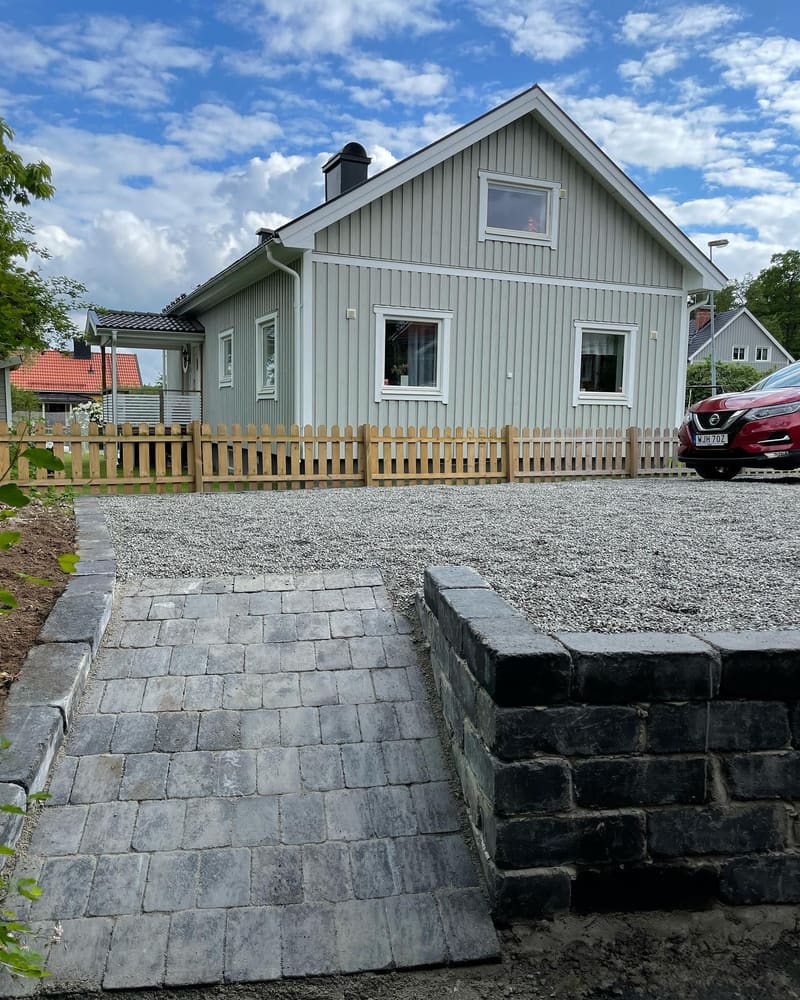 Marksten och mur i betongsten vid ett nybyggt hus